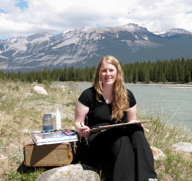 Kendra Dixson (Smith) painting en plein air by the Athabasca River in Jasper, Alberta