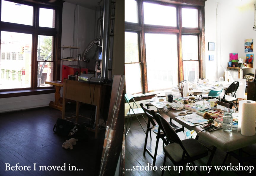 Shots of the studio before I moved in and after I set it up for my workshop.